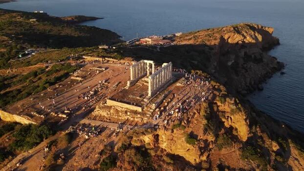 Aerial view of the Temple of Poseidon at Cape Sounion Greece.