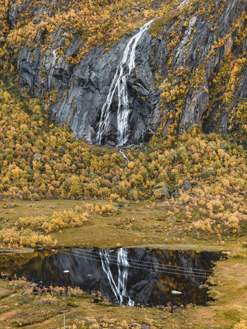 Aerial view of the waterfall in Lofoten cascading down a dark rocky cliff surrounded by golden autumn trees and reflecting in a calm lake in Leknes Nordland Norway. Aerial view of the waterfall in Lofoten cascading down a dark rocky cliff surrounded by golden autumn trees and reflecting in a calm lake in Leknes Nordland Norway.