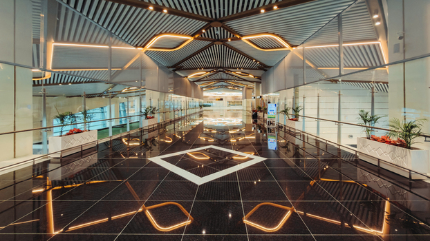 Bhogapuram India 22 August 2026 View of Alluri Sitarama Raju International Airport terminal with polished black marble floors modern geometric lighting and glass partitions. Bhogapuram India 22 August 2026 View of Alluri Sitarama Raju International Airport terminal with polished black marble floors modern geometric lighting and glass partitions.