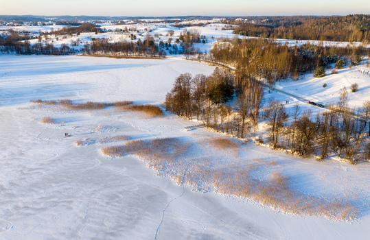 Aerial view of a frozen lake covered in snow with reeds and a tree lined shore under golden sunlight in Lithuania. Aerial view of a frozen lake covered in snow with reeds and a tree lined shore under golden sunlight in Lithuania.