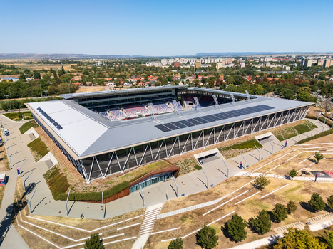 Szekesfehervar Hungary 14 August 2026 Aerial view of MOL Arena and Sostoi Stadion with football pitch grandstands and roof structure at the modern sports venue.