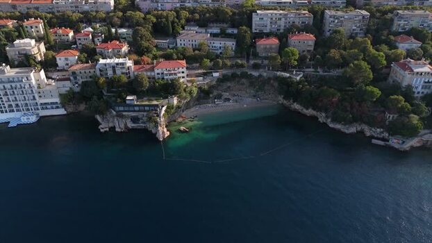 Aerial view of the coastline and beach in Rijeka Croatia.