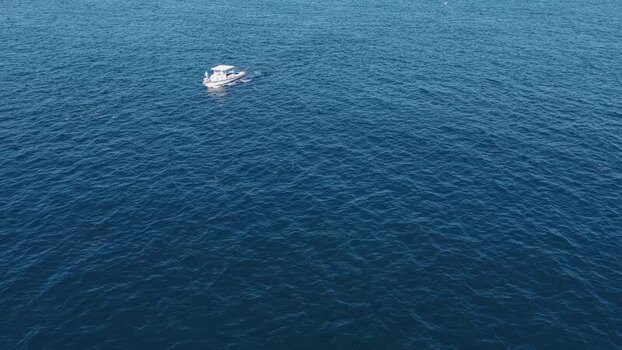 Aerial view of a white boat cruising in the ocean Maldives. Aerial view of a white boat cruising in the ocean Maldives.