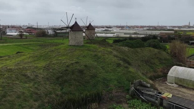 Aerial view of windmills in a field Portugal.