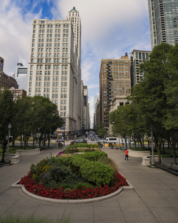 Chicago United States 15 September 2025 View of historic skyscrapers and lush flower beds along Michigan Avenue under a blue sky with scattered clouds.
