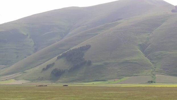 Aerial view of the rolling hills of Castelluccio Italy.