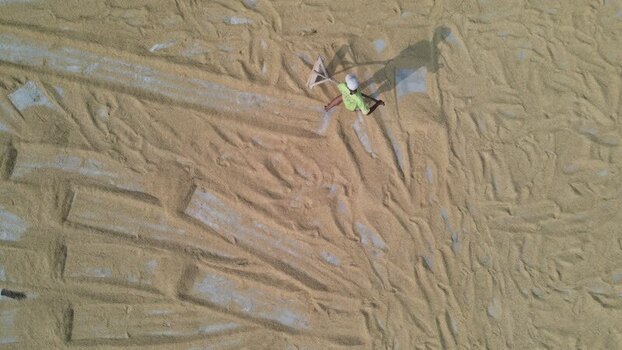 Aerial view of a worker raking rice grains.