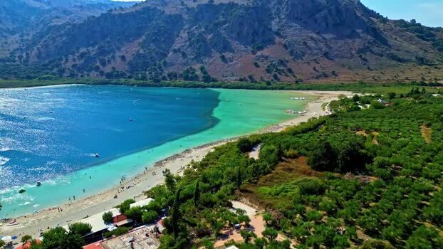 Aerial view of Lake Kournas and mountains Greece.
