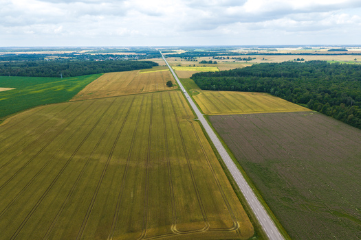 Aerial view of a straight road cutting through vast agricultural fields with golden and green crops bordered by dense forests under a cloudy sky in Lithuania. Aerial view of a straight road cutting through vast agricultural fields with golden and green crops bordered by dense forests under a cloudy sky in Lithuania.
