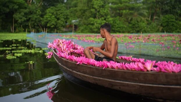 View of a man in a boat with pink water lilies in Bangladesh. View of a man in a boat with pink water lilies in Bangladesh.