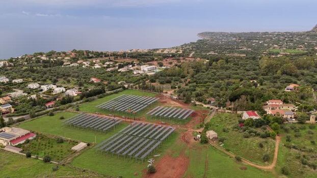 Aerial view of solar farm in Terrasini Italy.