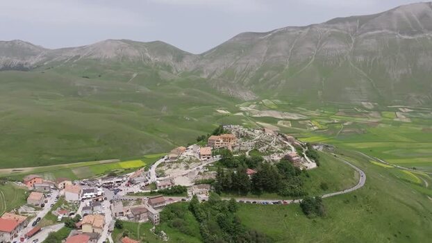 Aerial view of Castelluccio village in the Apennine Mountains Italy.