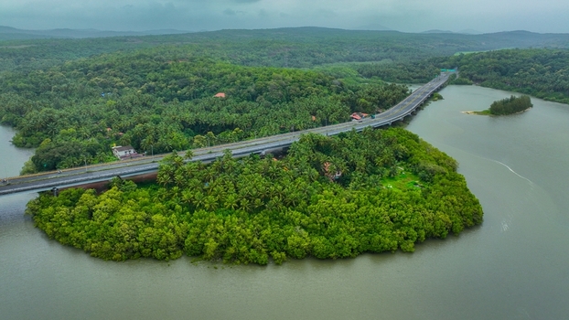 Aerial view of the Galgibaga Bridge spanning the river surrounded by lush green palm trees and dense tropical vegetation in Canacona Goa India.