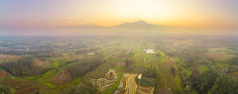 Aerial view of Kemumu rice terraces at sunrise with lush green fields and distant mountains in Arma Jaya Bengkulu Indonesia. Aerial view of Kemumu rice terraces at sunrise with lush green fields and distant mountains in Arma Jaya Bengkulu Indonesia.