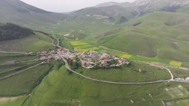 Aerial view of Castelluccio village in the Umbria region Italy.