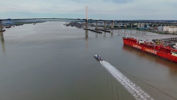 Aerial view of Uber Boat on the River Thames United Kingdom.