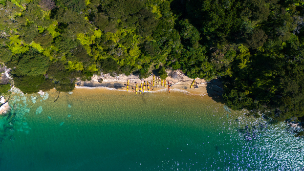 Aerial view of golden sands meet turquoise waters nestled between lush green forests on a pristine beach Abel Tasman National Park Tasman Region New Zealand. Aerial view of golden sands meet turquoise waters nestled between lush green forests on a pristine beach Abel Tasman National Park Tasman Region New Zealand.