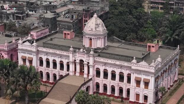 Aerial view of Ahsan Manzil pink palace with its dome and stairs Bangladesh.