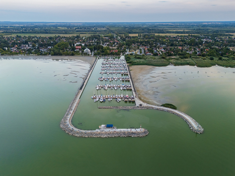 Aerial view of Balatonfenyves marina at low water on Lake Balaton Hungary Aerial view of Balatonfenyves marina at low water on Lake Balaton Hungary