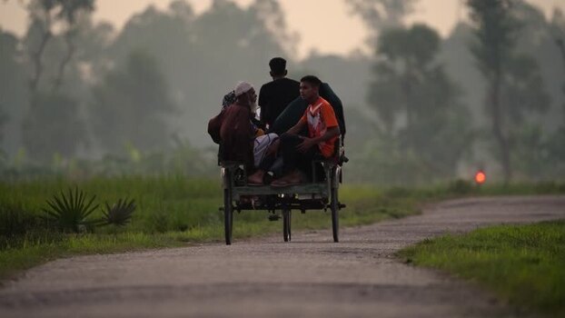 View of people riding a rickshaw on a rural road Bangladesh.