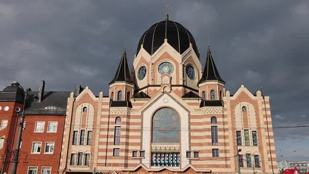 View of Kaliningrad Synagogue with striped brick facade Russia.