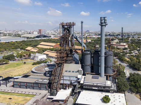 Aerial view of Fundidora Park with its iconic blast furnace industrial structures and green spaces in the city of Monterrey Nuevo Leon Mexico. Aerial view of Fundidora Park with its iconic blast furnace industrial structures and green spaces in the city of Monterrey Nuevo Leon Mexico.