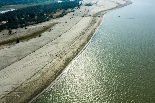 Aerial view of Kuakata beach with people walking along the sandy shore lush trees in the background and sparkling water in Kuakata Barisal Division Bangladesh. Aerial view of Kuakata beach with people walking along the sandy shore lush trees in the background and sparkling water in Kuakata Barisal Division Bangladesh.