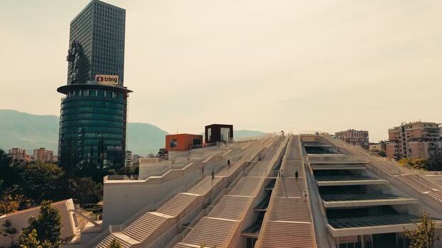 Aerial view of the Pyramid of Tirana and city skyline Albania.