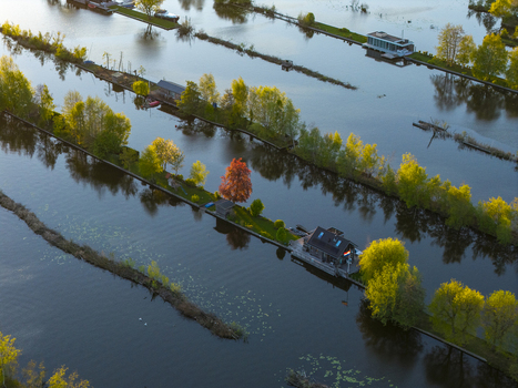 Aerial view of Scheendijk featuring narrow islands with houses lush green trees and calm waterways reflecting the sky in Breukelen Utrecht Netherlands. Aerial view of Scheendijk featuring narrow islands with houses lush green trees and calm waterways reflecting the sky in Breukelen Utrecht Netherlands.