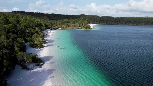 Aerial view of Lake Mckenzie Boorangoora and white sand Australia.