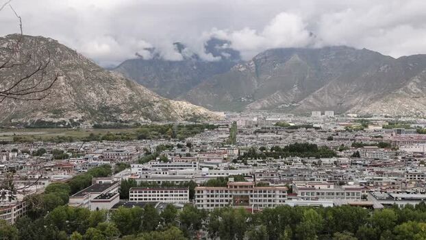 Aerial view of Lhasa city nestled in the valley China.