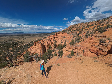 Aerial view of a mature woman hiking on the Arches Trail in Casto Canyon surrounded by red rock formations and pine trees in Bryce Canyon City Utah United States.