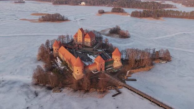 Aerial view of Trakai Island Castle Lithuania.