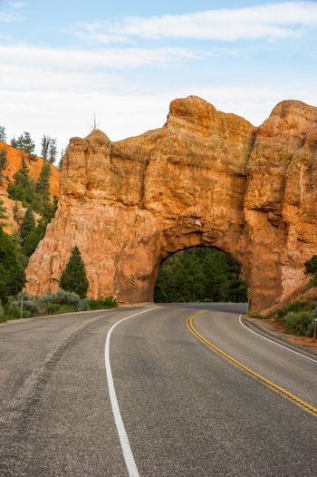 View of the natural rock arch tunnel at Bryce Canyon National Park with a winding road pine trees and orange sandstone formations in Utah United States.
