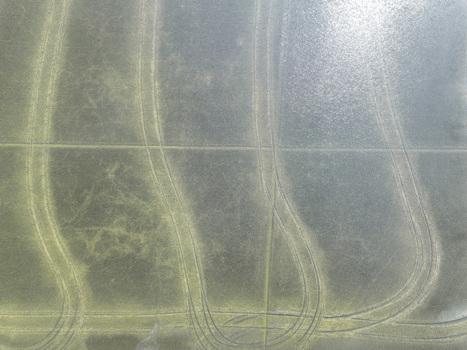 Aerial view of flooded agricultural fields with curved tire tracks and reflective water surfaces in the countryside Trino Piedmont Italy.