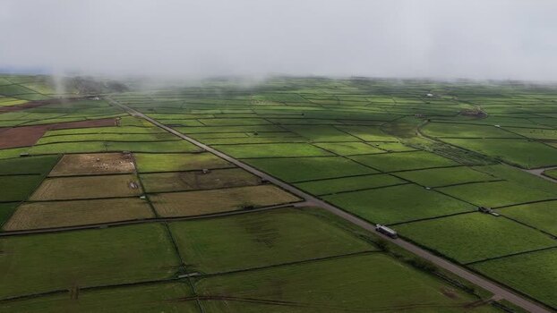 Aerial view of green fields on Terceira Island Portugal.
