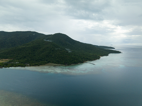Aerial view of the lush green island meeting the turquoise sea a tranquil scene of natural beauty at Turtle Conservation Karimunjawa Central Java Indonesia.