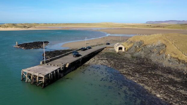 Aerial view of Portnablagh pier Ireland.