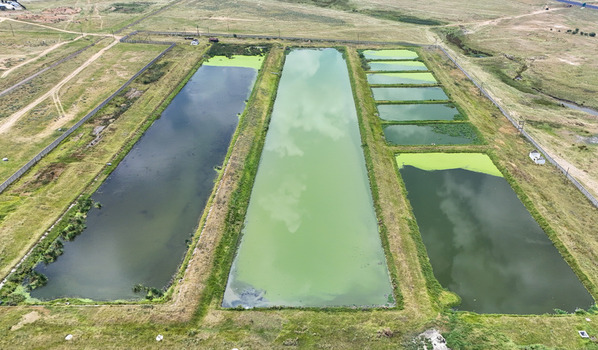 Aerial view of rectangular oxidation ponds with green algae and water reflections surrounded by dry grassland near the Vaal River in Villiers Free State South Africa. Aerial view of rectangular oxidation ponds with green algae and water reflections surrounded by dry grassland near the Vaal River in Villiers Free State South Africa.