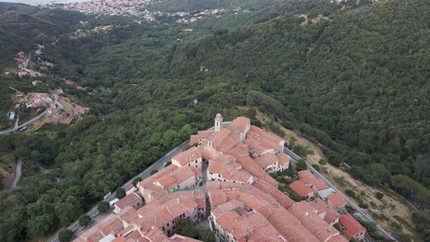 Aerial View of Marciana a small town on the hilltop Elba Island Italy.