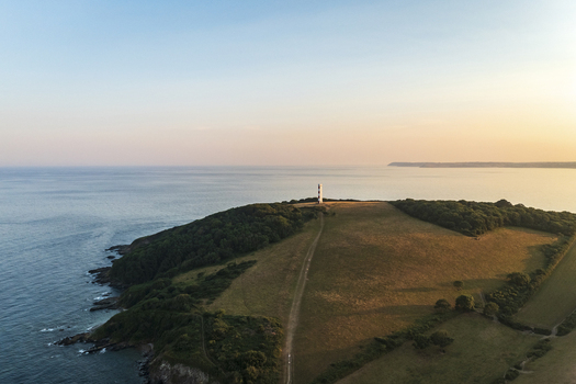 Aerial view of coastal path towards Fowey and Polruan Cornwall United Kingdom.