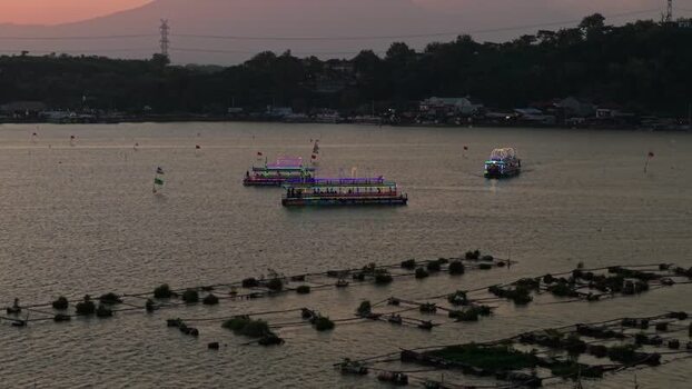 Aerial view of boats on Rowo Jombor Lake Indonesia. Aerial view of boats on Rowo Jombor Lake Indonesia.