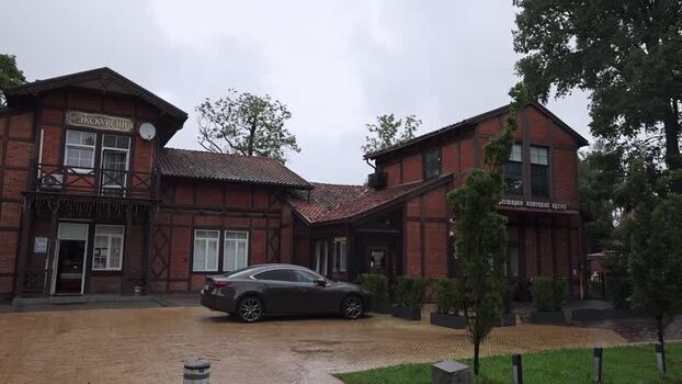 View of the historic railway station building in Zelenogradsk Russia.