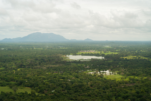 View of the vast tropical jungle landscape with a small lake and distant mountains under a cloudy sky in Sigiriya Central Province Sri Lanka. View of the vast tropical jungle landscape with a small lake and distant mountains under a cloudy sky in Sigiriya Central Province Sri Lanka.