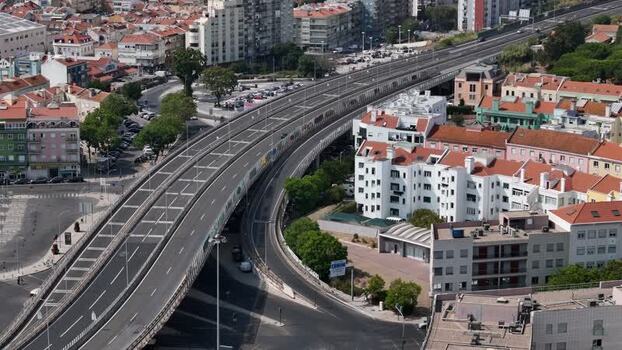 Aerial view of highway overpass in Alges Portugal.