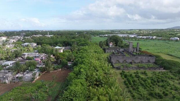 Aerial view of Belle Mare Sugar Mill ruins in Quatre Cocos Mauritius.