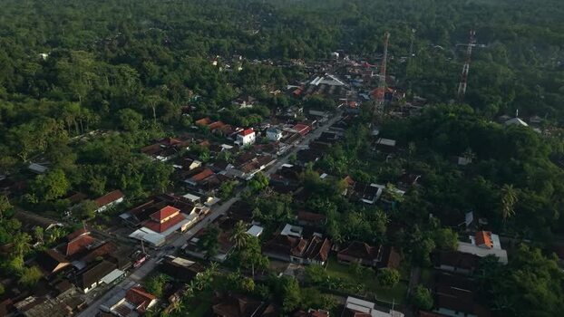 Aerial view of Mount Merapi volcano and Kemalang village Indonesia.