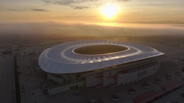 Aerial view of Riyadh Air Metropolitano Stadium at sunset Spain.