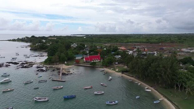 Aerial view of Cap Malheureux church and boats in Mauritius.