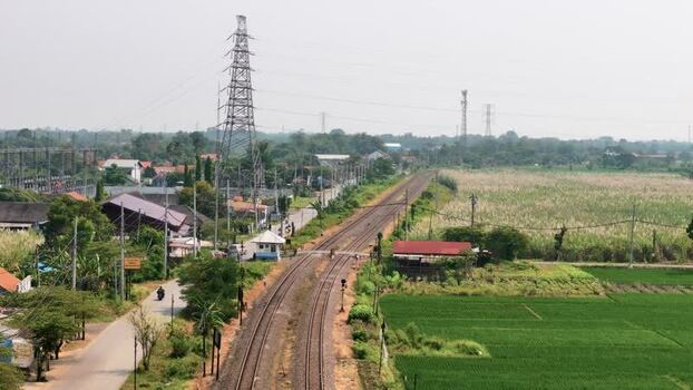 Aerial view of railway tracks and power lines Indonesia. Aerial view of railway tracks and power lines Indonesia.